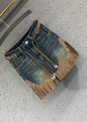 Art Blue Tassel Patchwork High Waist Denim Skirt