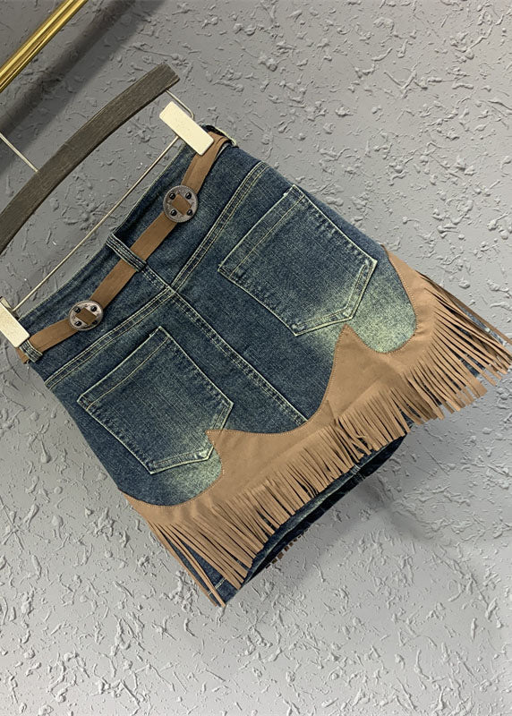 Art Blue Tassel Patchwork High Waist Denim Skirt