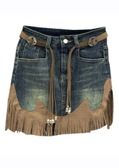 Art Blue Tassel Patchwork High Waist Denim Skirt