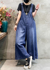 Art Blue V Neck Patchwork High Waist Denim Wide Leg Jumpsuits