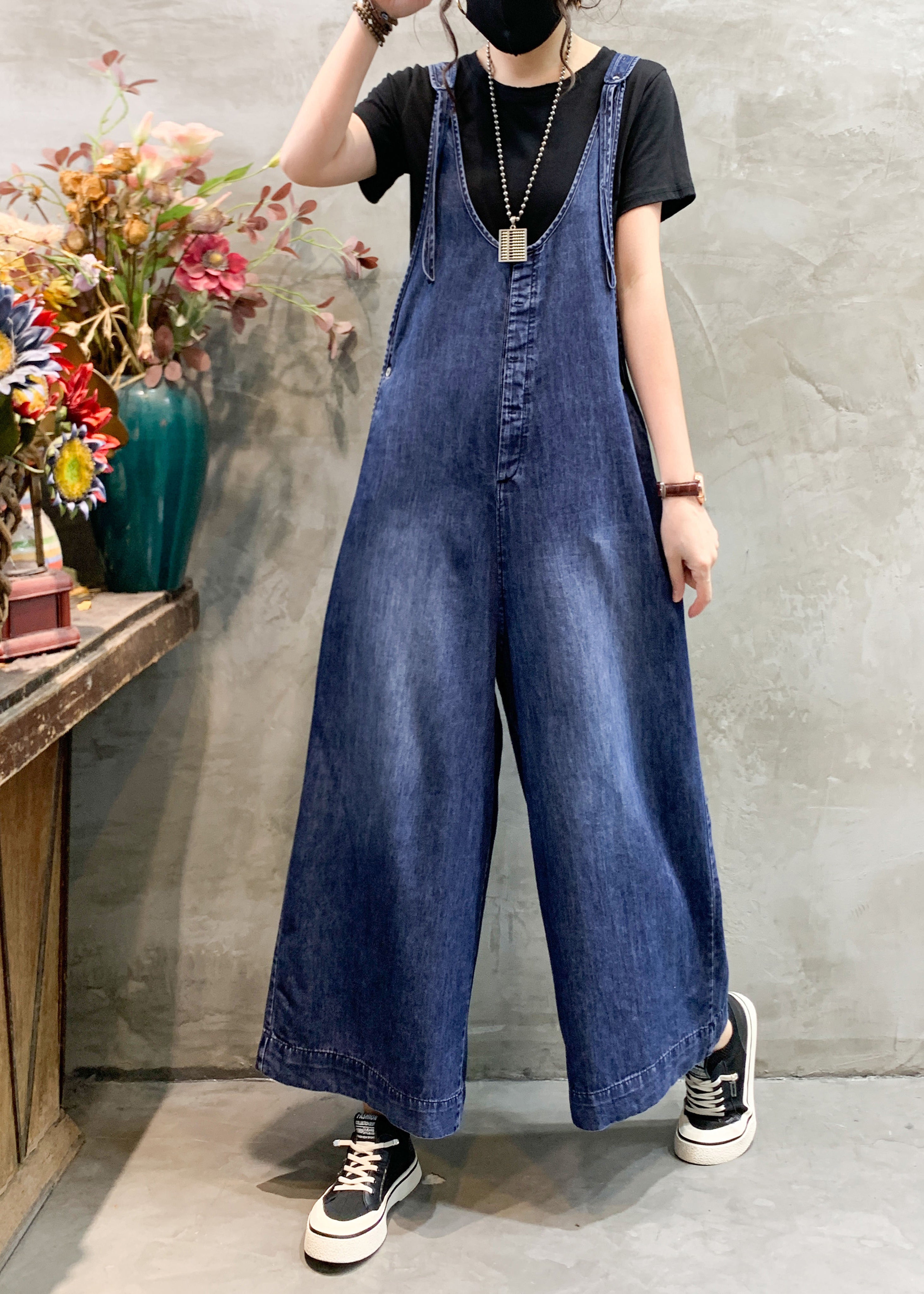 Art Blue V-Ausschnitt Patchwork High Waist Denim Jumpsuit mit weitem Bein