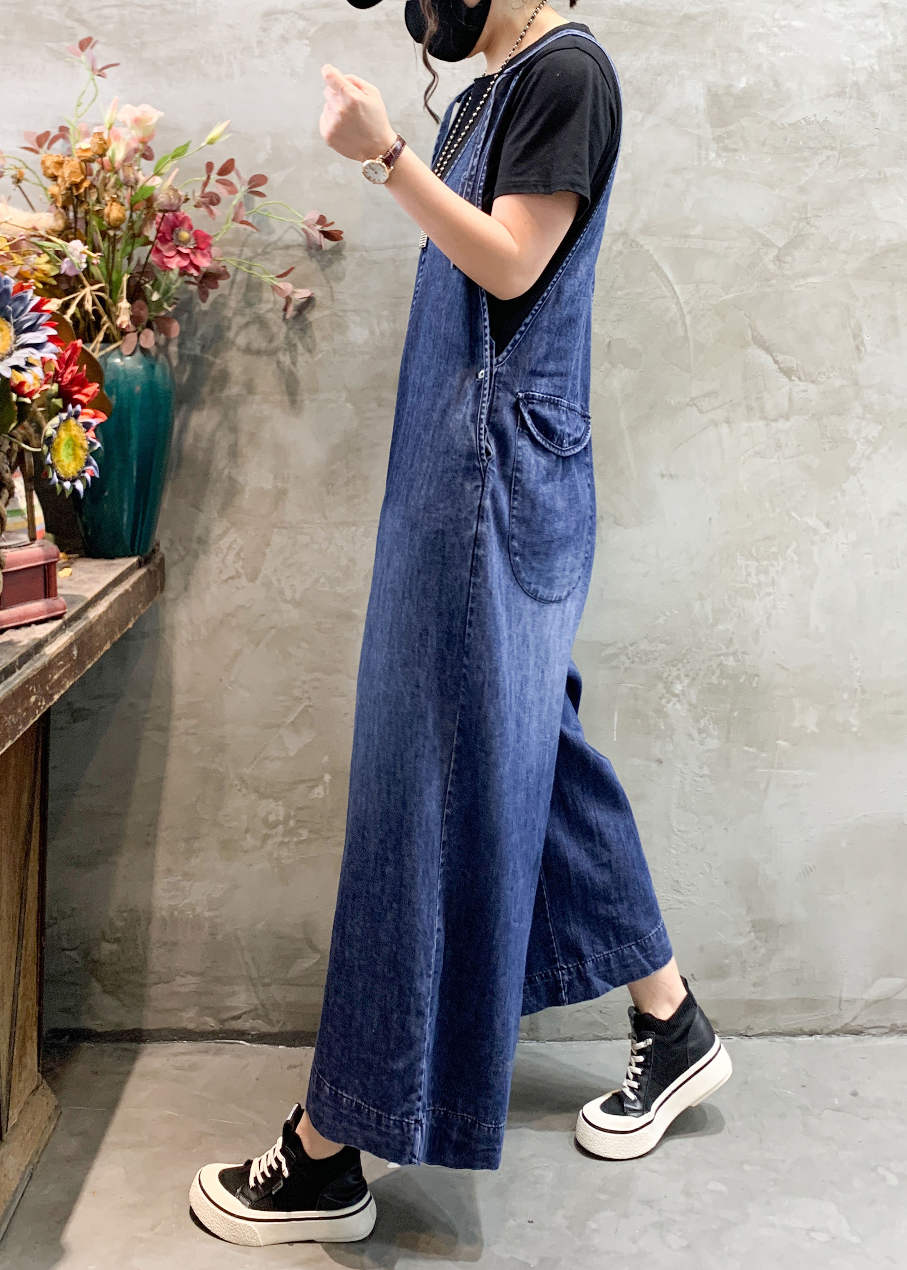 Art Blue V-Ausschnitt Patchwork High Waist Denim Jumpsuit mit weitem Bein