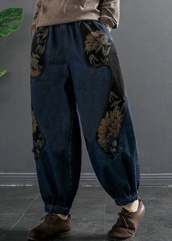 Pantalones Harem de Algodón con Estampado de Cintura Elástica Azul y Bolsillos Art Denim Otoño