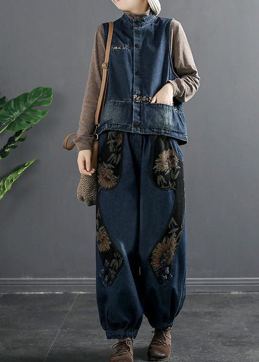 Art Denim Blue Elastic Waist Print Pockets Cotton Harem Pants Trousers Fall