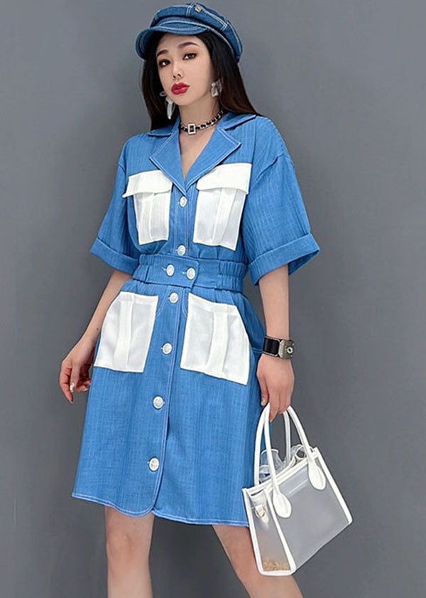 Art Denim Blue Peter Pan Collar Patchwork Pockets Cotton Holiday Dress Short Sleeve