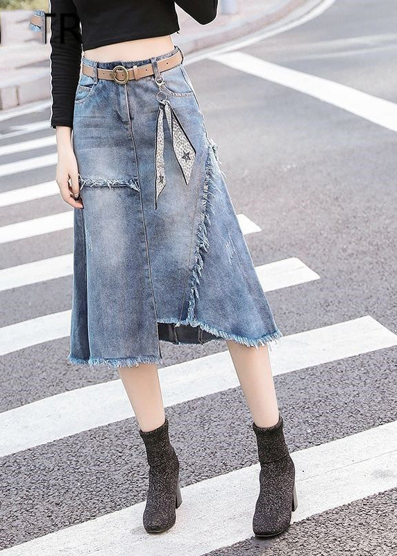 Art Light Blue Asymmetrical Patchwork High Waist Denim Skirt