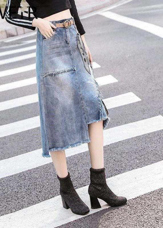 Art Light Blue Asymmetrical Patchwork High Waist Denim Skirt