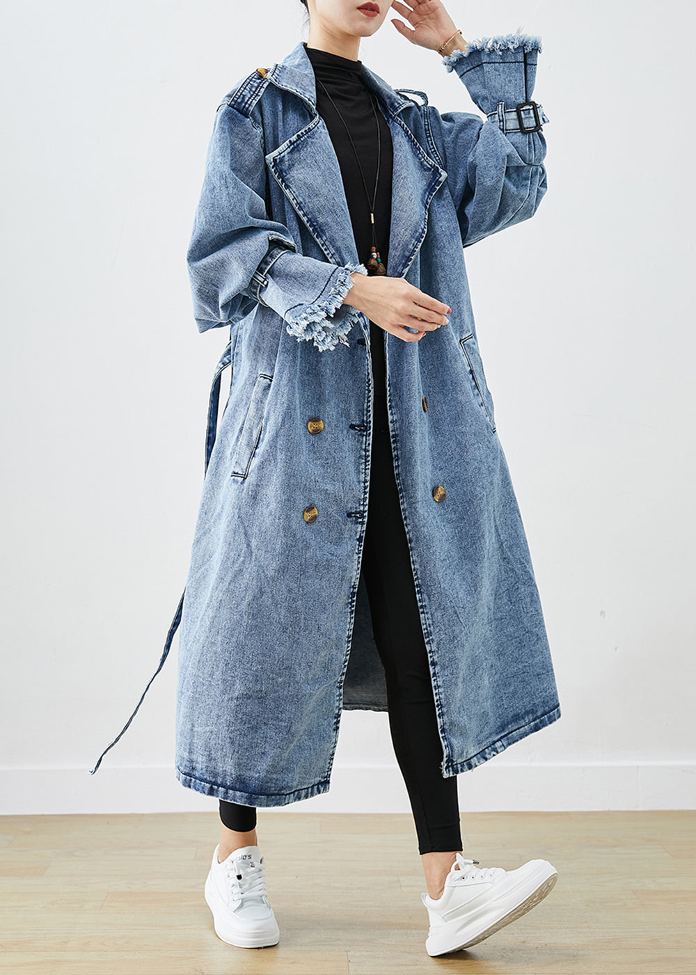 Art Hellblau Revers Zweireiher Denim Trenchcoats Herbst