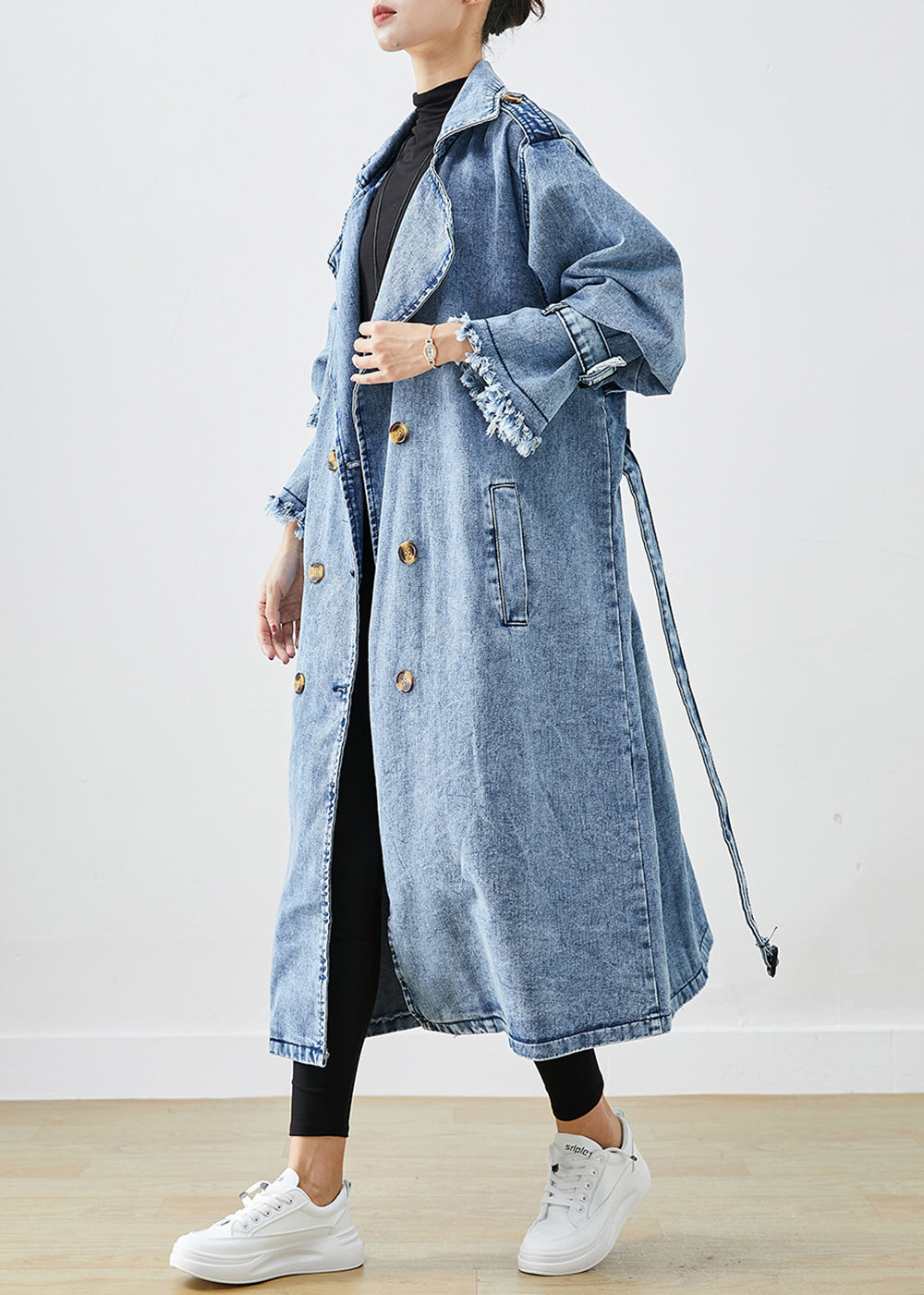 Art Hellblau Revers Zweireiher Denim Trenchcoats Herbst