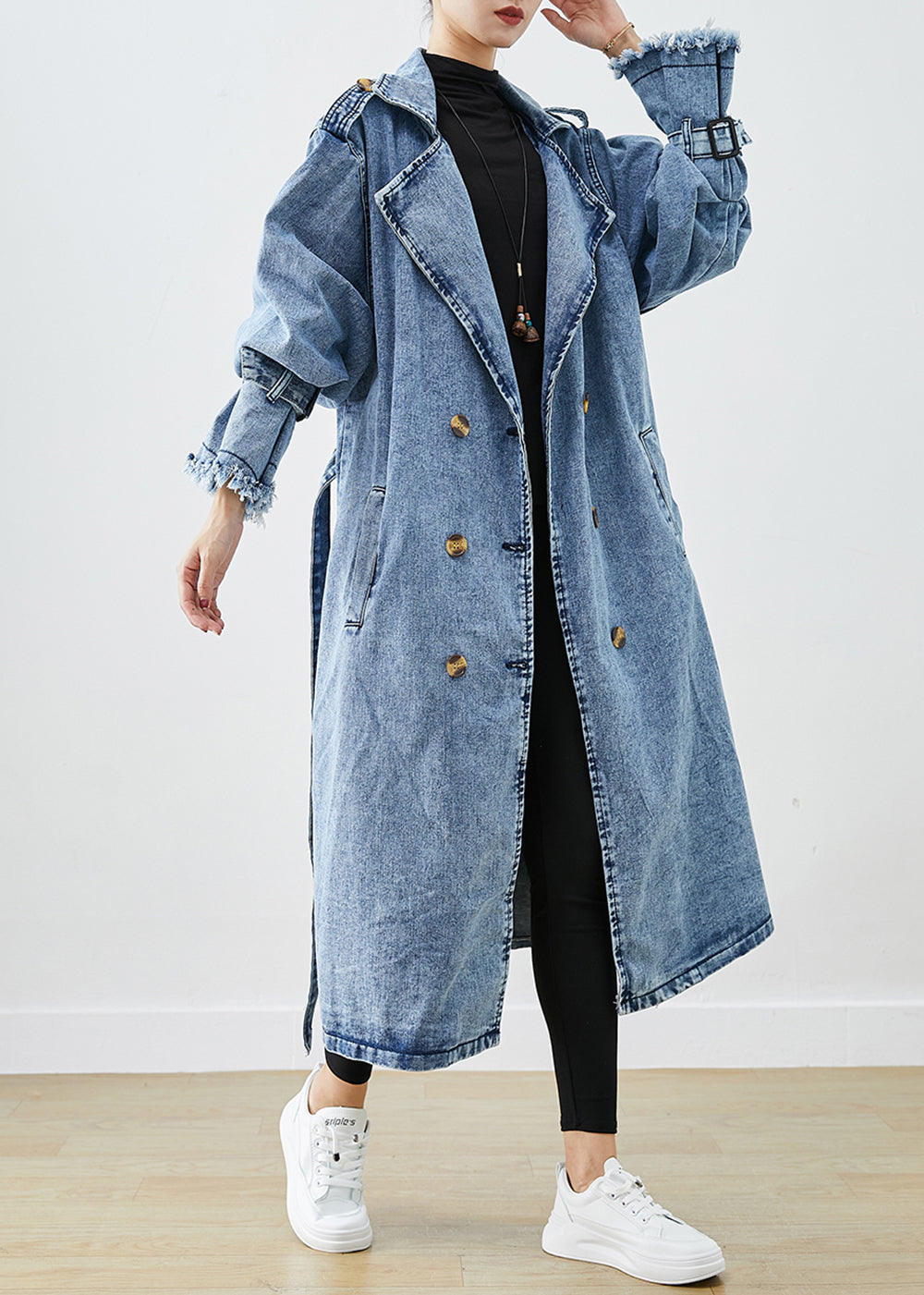 Art Hellblau Revers Zweireiher Denim Trenchcoats Herbst