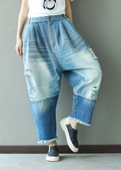 Art Light Blue Tasseled Pockets Patchwork Denim Pants