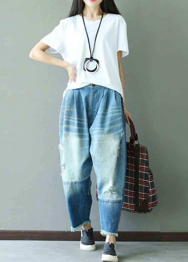 Art Light Blue Tasseled Pockets Patchwork Denim Pants