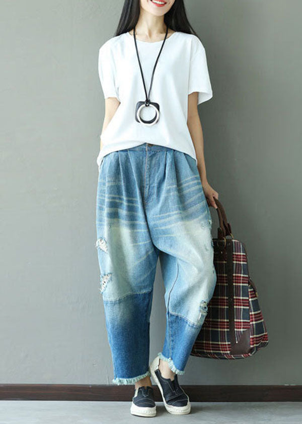 Art Light Blue Tasseled Pockets Patchwork Denim Pants