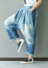 Art Light Blue Tasseled Pockets Patchwork Denim Pants