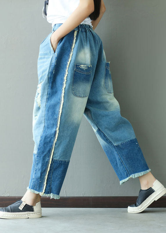 Art Light Blue Tasseled Pockets Patchwork Denim Pants