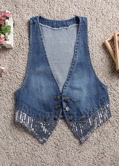 Art Light Blue V Neck Patchwork Button Denim Waistcoat Fall