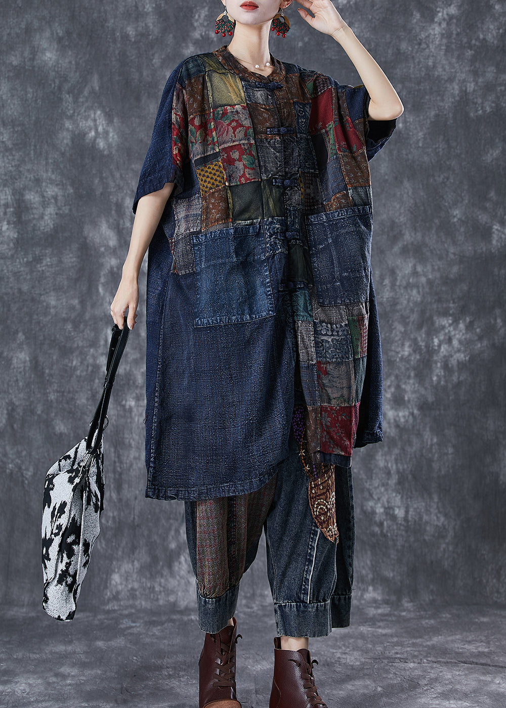 Art Navy Oversized Patchwork Chinese Button Denim Cardigans