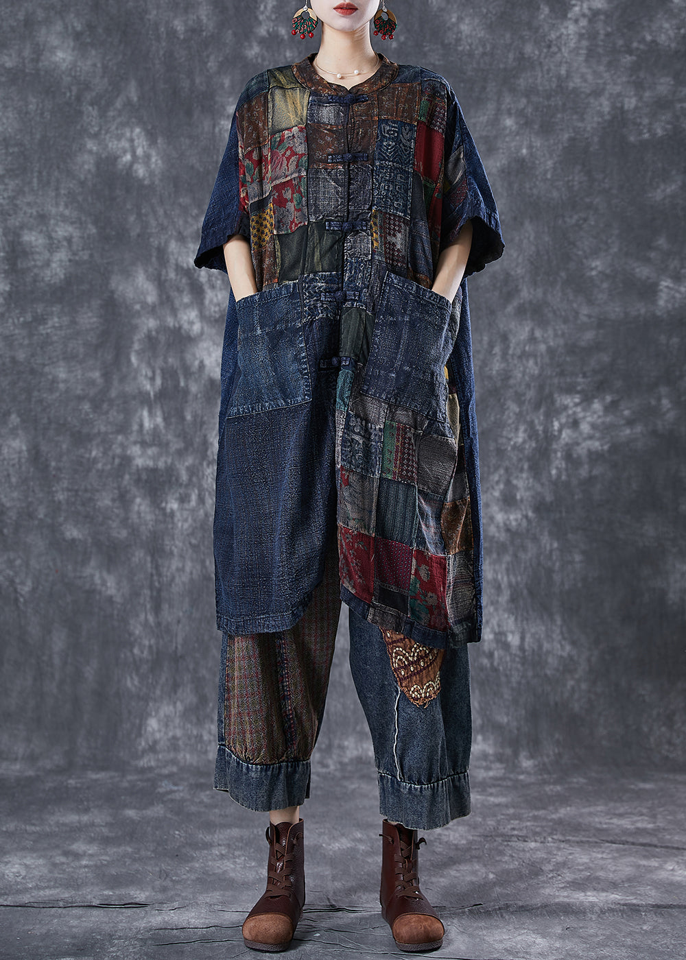 Art Navy Oversized Patchwork Chinese Button Denim Cardigans