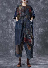 Art Navy Oversized Patchwork Chinese Button Denim Cardigans