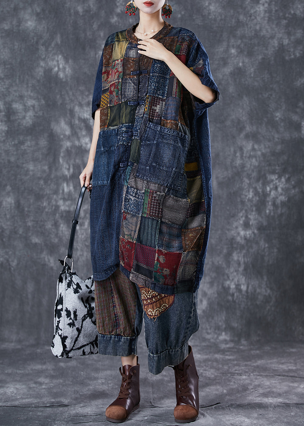 Art Navy Oversized Patchwork Chinese Button Denim Cardigans