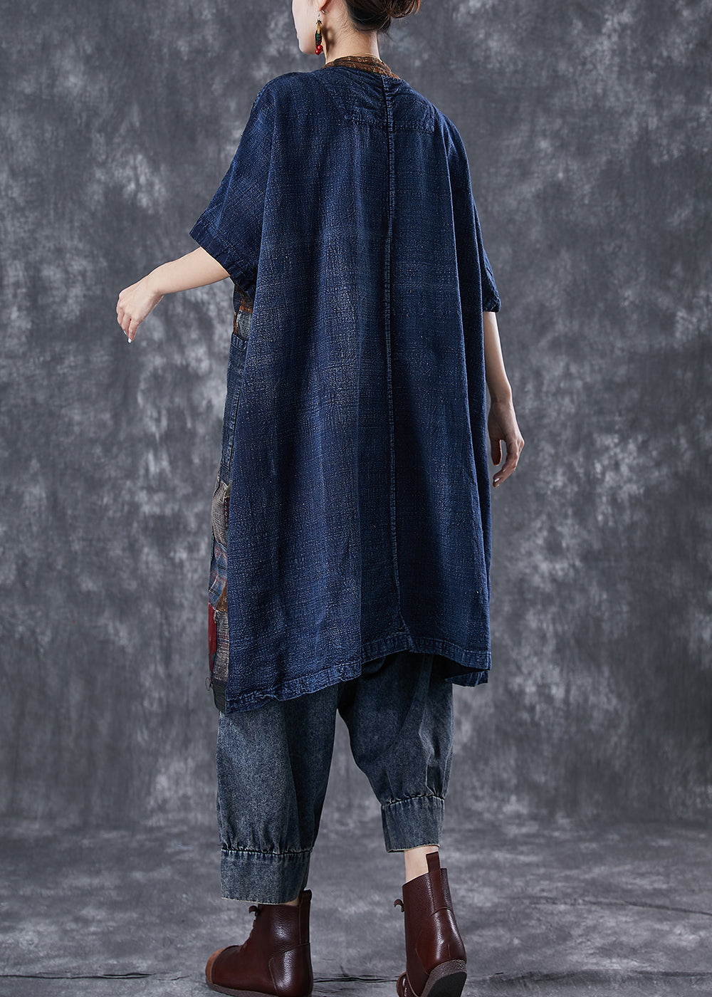 Art Navy Oversized Patchwork Chinese Button Denim Cardigans