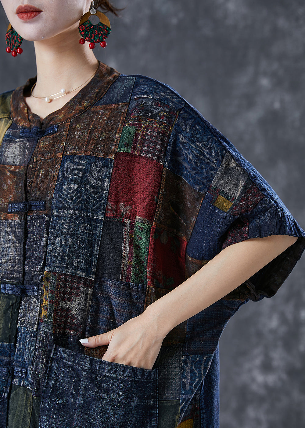 Art Navy Oversized Patchwork Chinese Button Denim Cardigans