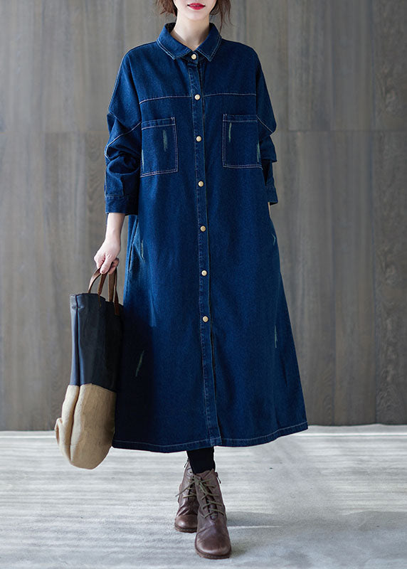 Art Navy Peter Pan Collar Button Patchwork Denim Shirts Dresses