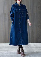 Art Navy Peter Pan Collar Button Patchwork Denim Shirts Dresses