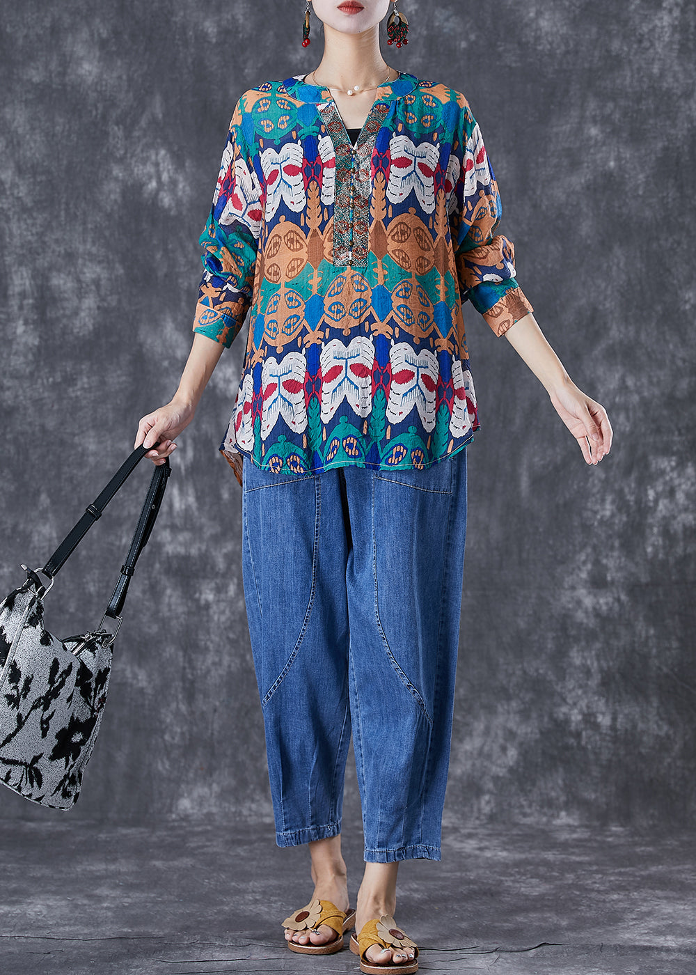 Art Print Oversized Rivet Cotton Shirts And Denim Pants Two Pieces Set