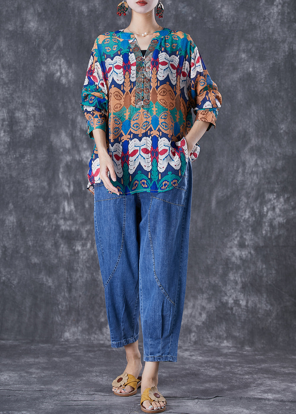 Art Print Oversized Rivet Cotton Shirts And Denim Pants Two Pieces Set