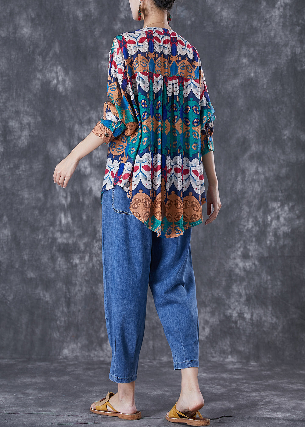 Art Print Oversized Rivet Cotton Shirts And Denim Pants Two Pieces Set