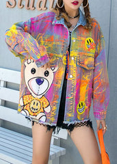 Art Yellow Graphic Zircon Nail Bead Patchwork Denim Coat