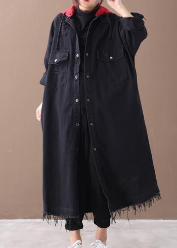 Art Denim schwarz Plus Size Kleidung Hemden mit Kapuze Button-Down-Mäntel