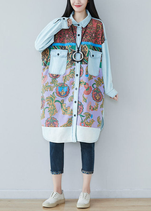 Art light Blue pockets side open Print denim shirt Dresses