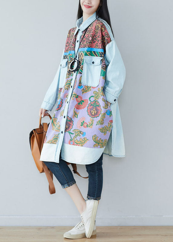 Art light Blue pockets side open Print denim shirt Dresses