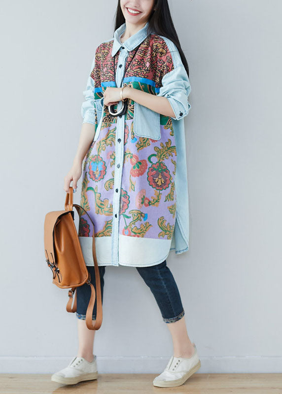 Art light Blue pockets side open Print denim shirt Dresses