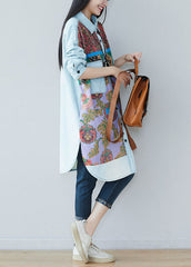 Art light Blue pockets side open Print denim shirt Dresses