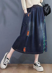 Art Navy Embroideried Hole Denim Skirt