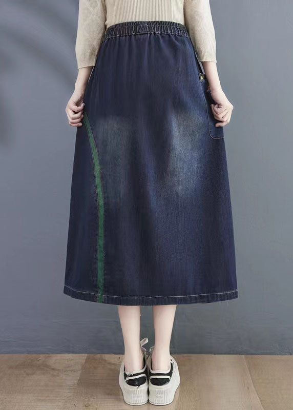 Art Navy Embroideried Hole Denim Skirt