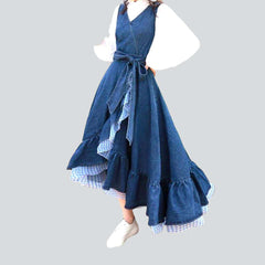 Asymmetric denim dress with ruffles