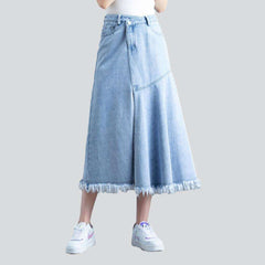 Asymmetric flare long denim skirt