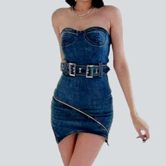 Asymmetric mini strapless denim dress