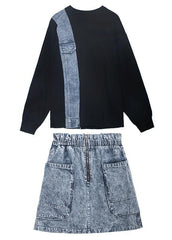 Autumn suit new female plus size sweater + denim skirt two-piece