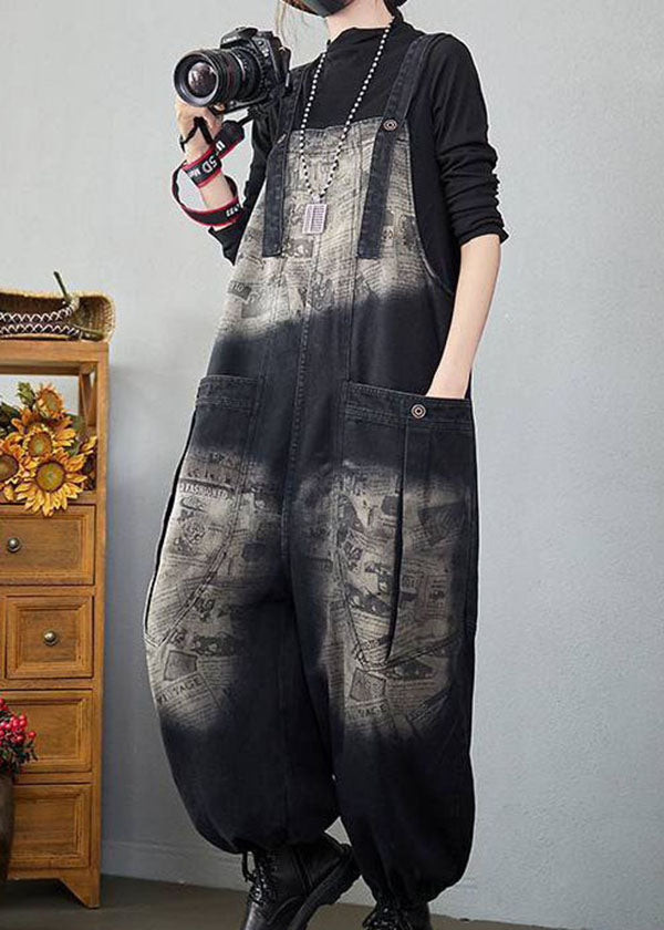 Baggy Black Pockets Patchwork Letter Print Denim Jumpsuits