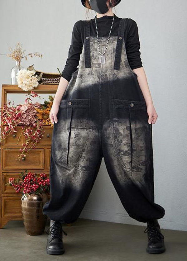 Baggy Black Pockets Patchwork Letter Print Denim Jumpsuits