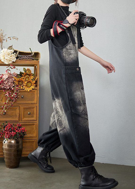 Baggy Black Pockets Patchwork Letter Print Denim Jumpsuits