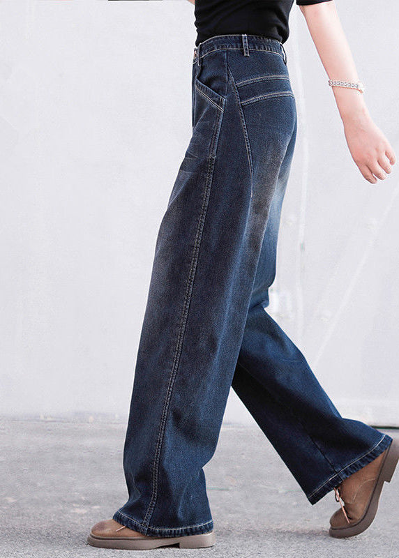 Baggy Denim Blue High Waist Pockets Cotton Straight Pants