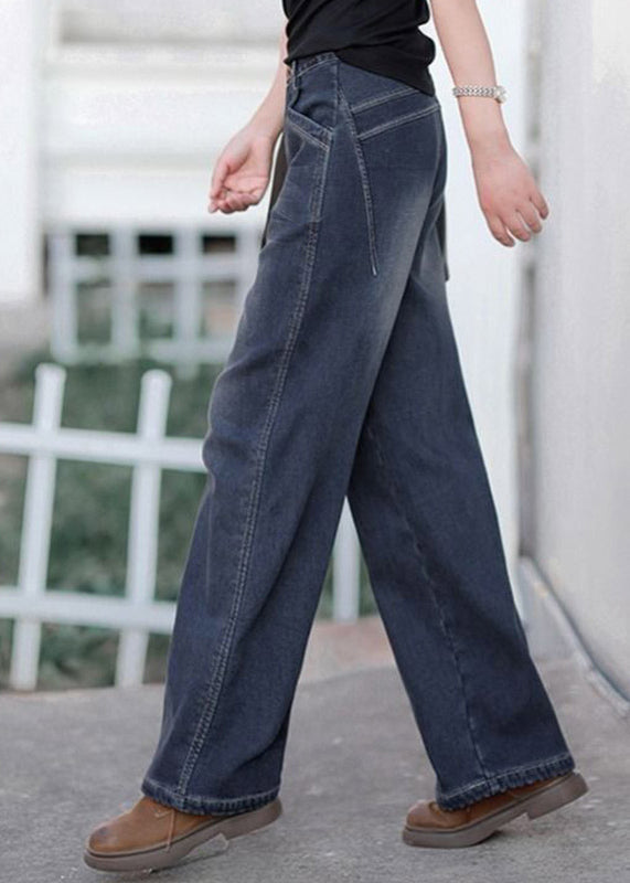 Baggy Denim Blue High Waist Pockets Cotton Straight Pants