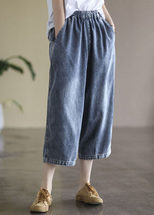 Baggy Light Blue Elastic Waist Pockets Denim Cotton Wide Leg Pants