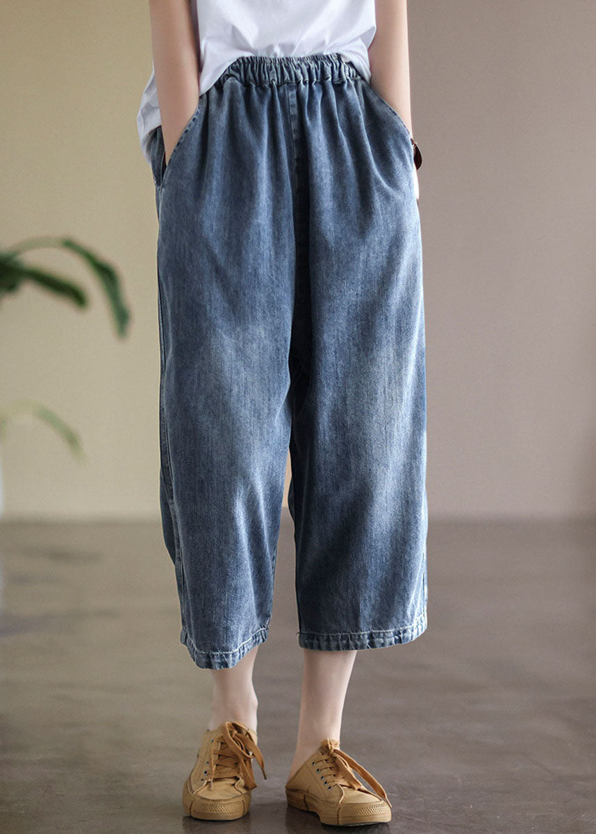 Baggy Light Blue Elastic Waist Pockets Denim Cotton Wide Leg Pants